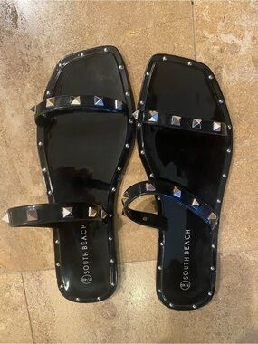 South Beach Black Studded Patent Slide Sandals
